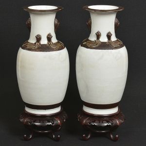 <b>Par de vasos</b> em porcelana chinesa na cor creme "craquelê", decorados com salamandras tonalidade sépia. Acompanha base em madeira. Alt. 44,5 cm