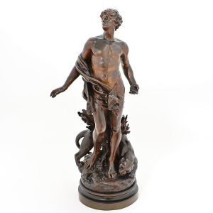 <b>MOREAU, MATHURIN</b> (1822-1912) - "A dor de Orfeu". Escultura em bronze patinado marrom, representando Orfeu com o tigre aos pés. Base giratória redonda. Falta a harpa. Alt. 58 cm