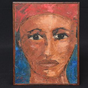 <b>JOSÉ PAULO MOREIRA DA FONSECA </b><br>(1922-2004)<br>Figura<br>Óleo s/ cartão colado em chapa industrializada<br>Ass. e datado 62, cie<br>24,5 x 19 cm