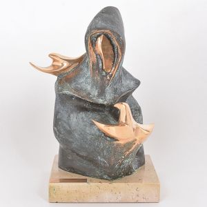 <b>YOLANDA - "San Francisco de Asis"</b>. Escultura em bronze patinado e dourado sobre base de mármore bege. Alt. 27,5 cm