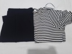 Lote de calça preta e blusa listrada, sendo a calça da marca  Cotton Colors tam: G. Peças com marcas de guardado.