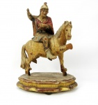 Imagem de São Jorge em madeira policromada (faltas e defeitos nas mãos do santo e patas do cavalo). Portugal, séc. XVIII-XIX. Medidas: 20 cm x 12 cm; Altura: 27 cm
