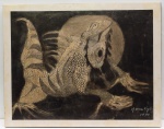 NANÁ VIEGO (Cuba 1928 - Rio 2011) - "Lagarto" - nanquim e aquarela sobre papel (49 cm x 64 cm) em placa emoldurada padrão poster com proteção de plástico. Assinado e datado no c.i.d. 1997. Medida total: 56 cm x 71 cm