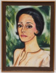 SOLANO FINARDI (Passo Fundo-RS, 1938 - Porto Alegre-RS, 2017) - "Retrato de Naná Viego" - óleo sobre tela - assinado no c.i.d. com dedicatória no verso: "Naná, grande abraço do Solano. espero que goste do retrato" - Medidas da tela: 81 cm x 60 cm. Medidas da moldura: 83 cm x 62 cm.