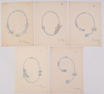 NANÁ VIEGO (Cuba 1928 - Rio 2011) - Conjunto de 5 desenhos (design de joias) aquarelados sobre cartão - Assinados no c.i.d., datados 1985. Medidas: 35 cm x 15 cm (cada).