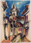 FRANK SCHAEFFER (Belo Horizonte-MG, 1917 - Rio de Janeiro- RJ, 2008) - "Rua de Vilarejo" - aquarela sobre cartão - assinado no c.i.d. e datado 1970. Medidas: 35 cm x 25 cm. Sem moldura.