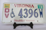 MILITARIA - ITENS AUTOMOBILISTICOS - PLACA de Automóvel da VIRGINIA 4396 de VETERANO (DISABLED VETERAN). Feita em alumínio.