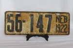 ITENS AUTOMOBILÍSTICOS - ANTIGA e MARAVILHOSA placa de Automóvel dos Estados Unidos da América, Estado do NEBRASKA (número 56.147), do ano de 1922. Mede 38cm de comprimento. Peça com mais de cem anos de existência.