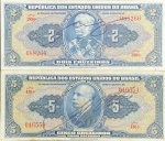 C-014/017 - 02 Cédulas de 2 e 5 Cruzeiros 1943/1944 Autografadas 1ª Estampa - Séries 289/436 - Flor de Estampa com leves manchas - Catálogo marca R$ 234.00