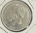 Moeda do Brasil - 1000 Réis 1883 - 12.75g - Prata - 3º Sistema - Flor de Cunho - Rara neste estado