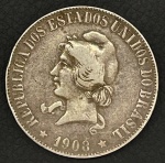 Moeda do Brasil - 2000 Réis 1908 - XX Gramas - Prata - 3º Padrão - Mbc