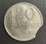 Moeda de 20 Centavos 1970 Disco Cortado - Circulada com erro de cunhagem