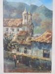 H.GONÇALVES - "Ouro Preto - Matriz Nª Srª da Conceição" óleo sobre tela, assinado e datado e localizado no verso, 1977. Pintura com perdas e craquelados. Med. da obra 60 x 40cm e da moldura 72 x 53cm.