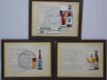 Três quadros decorativos sobre cervejas, emoldurados com vidro na frente. Marcas do tempo. Med. 22 x 29cm.