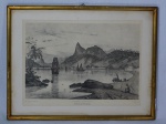 Reprodução de gravura, representando Praia de Botafogo - RJ. Med. total 28 x 37cm.