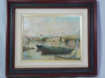 ASSINATURA NÃO IDENTIFICADA - "Marinha com barcos" óleo sobre eucatex, assinado. Med. da obra 27 x 35cm e da moldura 45 x 52cm.