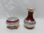 Lote de bowl e vaso floreira em porcelana furtacor, vinho com ouro. Medindo o vaso 11cm de altura.