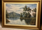 Grande Quadro Óleo sobre Tela  representando paisagem bucólica com lago e cisne -mede 1,17 largura  x 86 altura com moldura - 93 largura x 60 altura