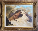 Excepcional quadro oriundo do mercado Chileno - "Alpes Chilenos", anos 40, sem assinatura, O.S.T, enquadrado em moldura dourada da época, de madeira nobre ricamente trabalhada - Moldura: 92 X 75 cm - Tela: 77 X 57 cm - "Tela reintelada!"  - Vide fotos!