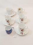 Jogo composto por 6 xícaras de café e 4 pires em porcelana em diferentes tamanhos, sendo 3 da marca RENNER, 1 SCHMIDT, 1 GERMER, 1 Japonesa. Medida: renner 5 cm diametro x 5,5 cm de   altura, schmidt 5,5 cm x 5,5 cm de altura, germer 7 cm x 6 cm de altura, japonesa 4,5 cm x 4,5 cm de altura, pires renner 10,5 cm diametro, germer 11,5 cm