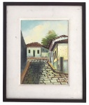 WILHANS - obra em óleo sobre tela representando paisagem urbana de Ouro Preto, assinada no canto inferior direito, protegida por moldura de madeira estilo baguete e paspatur. Identificação no verso. Medida total 36 x 30cm.