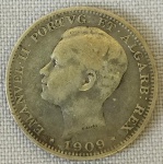 NUMISMÁTICA, Portugal, uma (1) moeda de 200 reis 1909, cunhada em prata (teor 835 milésimos), reinado de Manuel II, bom estado de conservação, peso aproximado 5 gr., vide foto. (AJBJ)