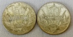 NUMISMÁTICA, Uruguai, duas (2) moedas de 50 centésimos 1943, cunhadas em prata (teor 720 milésimos), ambas em bom estado de conservação, peso total aproximado 14 gr., vide foto. (AJBJ)