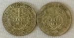 NUMISMÁTICA, Brasil, República, duas (2) moedas de 2000 reis  1929 e 1930, em PRATA, peso aproximado 8 gr. cada uma, circuladas, conhecida na numismática pátria como mixuruca, peso total aproximado 16 gr. (AJBJ)