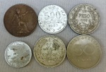 NUMISMÁTICA, estrangeira, seis (6) moedas de países diversos: Itália; Inglaterra; Chile (2); Grécia e Alemanha, todas circuladas, metais, períodos e valores variados, vide foto. (AJBJ)