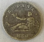 NUMISMÁTICA, Espanha, uma (1) moeda de 2 pesetas 1870, cunhada em prata (teor 835 milésimos), bom estado de conservação, peso aproximado 10 gr., vide foto. (AJBJ)