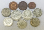 NUMISMÁTICA, Portugal, dez (10) moedas diversas, períodos, valores e metais variados: 100 reis 1900; 2 centavos 1918; 5 centavos 1927; 10 centavos 1925; 50 centavos 1929, 1944, 1947 e 1951; 1 escudo 1927 e 1951, todas circuladas a maioria muito bem conservada, vide foto. (AJBJ)