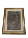 José Maria de Almeida (1906-1955), "Igreja Padre Faria", Ouro Preto 1972, OST, moldura em madeira com patina dourada e entalhe de folhagens, medindo 65x52cm.