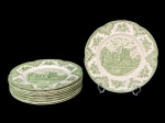 JOHNSON BROTHERS (Staffordshire, Reino Unido, 1883  China, 2015), OLD BRITAIN CASTLES. Nove pratos rasos confeccionados em faiança inglesa esmaltada na tonalidade branca, centro retratando Castelo de Blarney (é uma fortificação medieval localizada em Blarney, a oito quilômetros da cidade de Cork, no condado de mesmo nome, na República da Irlanda) e borda com elementos florais e vegetalistas na tonalidade verde, peças em ótimo estado, 2 com leves marcas do tempo, medindo 25cm de diâmetro.