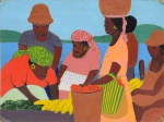 Folk Art - Sem assinatura aparente , têmpera sobre cartão, retrata cena de feira no Haiti.  Obra atribuível a artista Norte Americana, Gloria Lynn. Med.30,5 x 40,5 cm(ME). Marcas do tempo, sujidade e perdas na camada pictórica. Acervo Particular Rio de Janeiro/RJ.