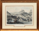 Desmons - Nicolas Hushar Desmons (1803 -1864),  "Panorama da Cidade do Rio de Janeiro". Rara litografia aquarelada impressa em paris por Lemercier . Desenho de Desmons, Nicolas Hushar (1803-1864); Gravado por Eugène Ciceri (1813-1890), Reproduz Panorama de Botafogo com Pão de Açúcar ao fundo. Tomado do Morro de São Clemente a vôo de pássaro. Ano 1854. Med. 39 x 52 cm(MI); 59 x 74 cm (ME). Acervo Particular Rio de Janeiro/RJ. Obra  reproduzida em bibliografias especializadas como Gilberto Ferrez, Brasiliana Itaú entre outras. Nota : Nicolas Desmons foi um professor de desenho que chegou ao Brasil em 1840 e se notabilizou pela publicação do álbum Panorama de la Ville de Rio de Janeiro em 1856, composto por 13 grandes vistas da cidade do Rio de Janeiro e que se tornou referência sobre a iconografia carioca. Nicolas Hushar Desmons, conhecido equivocadamente pelos historiadores da arte como Iluchar Desmons. Ele era conhecido apenas por seu sobrenome Desmons, conforme impresso nas litografias que produziu. O artista, nascido na França em 1803, chegou ao porto do Rio de Janeiro em 4 de novembro de 1840, a bordo da barca Rapide - uma antiga embarcação à vela dotada de três mastros e vela quadrangular no mastro à ré -, vinda do Porto do Harvre na França, em viagem que durou 66 dias.A Polícia da Corte, correspondente à polícia de migração dos dias atuais, assim o descreveu: Nicolas Hushar Desmons, 37 anos, solteiro, litógrafo, cabelos castanhos, olhos azuis.Na lista de passageiros publicada no Jornal do Commercio é omitido o nome Hushar, publicando-se apenas Nicolas Desmons.Sabemos hoje, através do atestado de óbito encontrado nos arquivos da Santa Casa de Misericórdia do Rio de Janeiro, que o artista faleceu na cidade do Rio de Janeiro em 4 de setembro de 1864, vítima de uma longa enfermidade associada a uma congestão cerebral.Era casado, morava à Rua Nova das Laranjeiras n. 9, atual Pereira da Silva, no bairro de mesmo nome, e foi enterrado no cemitério São João Batista.Até a descoberta deste documento na Santa Casa, alguns autores acreditavam que o artista havia retornado à França - como descrito no livro 'Uma pequena biblioteca particular: subsídios para o estudo da iconografia no Brasil', de Erico João Siriuba Stickel - ou morrido em 1858, como informa Gilberto Ferrez em 'Iconografia do Rio de Janeiro: catálogo Analítico 1530-1890'.Fonte: REIS, Julio. Nicolas Desmons: revisão historiográfica do artista conhecido até então como Iluchar Desmons. 19&20, RJ. Ano 2020.