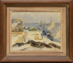 G. Bergquist - Gunnar Sölve Bergquist (Suécia,1903 -1995). "Porto com Neve". Óleo sobre cartão  Assinado aplicado sobre Eucatex. Med 38 x 46 cm (MI); 57 x 65 cm (ME). Sujidade sobre a camada pictórica. Acervo Particular Rio de Janeiro/RJ. Nota Biográfica: Gunnar Nergquist (19091987) foi um pintor sueco conhecido por seu trabalho na arte moderna e na pintura paisagística. Ele nasceu em Göteborg, Suécia, e estudou na Academia Real de Belas Artes de Estocolmo. Nergquist é conhecido por suas paisagens e representações da natureza, frequentemente usando técnicas de pintura a óleo e aquarela. Seu estilo evoluiu ao longo do tempo, passando por fases de realismo e abstração, refletindo influências do modernismo e do expressionismo. Além de suas pinturas, Nergquist também trabalhou como professor e mentor para jovens artistas, contribuindo para o desenvolvimento da arte na Suécia durante o século XX. Suas obras são valorizadas por seu uso expressivo da cor e sua habilidade em capturar a beleza e a atmosfera dos cenários naturais. Fonte: IA.