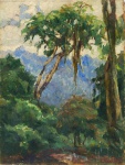 Pedro Bruno(Paquetá, Rio de Janeiro/RJ, 1888 - 1949), "Floresta". Óleo sobre madeira. Assinado. 35 x 27 cm (ME). Sujidade sobre a camada pictórica. Acervo Particular Rio de Janeiro/RJ. Nota Biográfica:  Pintor, cantor, poeta e paisagista brasileiro. Em 1897, quando o pintor Giovanni Battista Castagneto, também de origem italiana, esteve em Paquetá, Pedro Bruno imediatamente estabeleceu amizade com o artista, oferecendo-se para transportar seu cavalete, sua paleta e seus pincéis para os diversos lugares da ilha que o artista retratava. O menino ficava horas a observar com atenção o trabalho do mestre, tornando-se um discípulo dedicado. Seduzido pelas belezas da ilha, Pedro Bruno percebeu que era a pintura a atividade que o empolgava. Indiferente às dificuldades que sua corajosa decisão poderia acarretar, iniciou, de maneira autodidata, uma nova carreira. Sozinho pelas praias, com seu material de pintura, seguiu retratando incansavelmente os recantos da ilha.