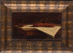 Escola Brasileira(Século XIX), "Violino e Partitura sobre a Mesa", Óleo sobre cartão. Assinado. Datado 08-08-1864. Med. 17 x 28 cm(MI); 28 x 39 cm(ME). Sujidade sobre a camada pictórica. Acervo Particular Rio de Janeiro/RJ.