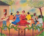 Heitor dos Prazeres (Rio de Janeiro, RJ, 1898 - Rio de Janeiro, RJ, 1966) "Roda de Samba na favela". Óleo sobre tela. Assinado. Datado de 7-06-1963. Localizado, Rio. Ateliê do Artista. Se trata de uma produção com traços do auxiliar Gildemberg, como muitas na época de muita demanda. Med 50 x 60 cm(ME). Sujidade sobre camada pictórica, pequenas faltas. Sem moldura. Nota Biográfica: Nasceu no Rio de Janeiro em 23 de setembro de 1898, filho de um marceneiro e clarinetista da banda da Guarda Nacional e de uma costureira, ficou órfão de pai aos 7 anos. Foi compositor, cantor, autor de músicas e artista plástico. Começa a trabalhar cedo na oficina do seu pai. Sobrinho do pioneiro dos ranchos cariocas, Hilário Jovino Ferreira, ganha do tio seu primeiro cavaquinho. Consolidado como um dos mais talentosos sambistas da primeira metade do século 20, Heitor dos Prazeres descobriu outro dom até então adormecido: a pintura. Com a morte da esposa, Dona Glória, com quem se casou em 1931 e teve três filhas, o artista usou a tinta e o pincel como ferramentas de vazão para a tristeza. A partir de 1937, Heitor dos Prazeres começou a se projetar como pintor e incentivado pelos amigos marcou presença em diversas exposições. Heitor dos Prazeres em suas pinturas gostava de retratar a vida nas favelas cariocas; crianças brincando de soltar balões e pipas, pular corda e jogar argolas, homens jogando sinuca e baralho, jovens em festas juninas. Rodas de samba eram muito comuns em seus quadros. Característica da sua pintura eram os rostos das pessoas sempre pintados lateralmente e com a cabeça e o olhar para o alto. A sua origem fez de Heitor dos Prazeres um artista sensível à vida e à cultura das favelas cariocas. Alcançou em 1951 o terceiro lugar para artistas nacionais na 1ª Bienal Internacional de São Paulo, com o quadro Moenda. Ganhou uma sala especial na 2ª Bienal Internacional de São Paulo, em 1953.Cria cenários e figurinos para o Balé do IV Centenário da Cidade de São Paulo. Em 1965, Antônio Carlos Fontoura produziu um documentário sobre sua obra. Morreu no dia 04 de outubro de 1966 no Rio de Janeiro. Referência biográfica: https://www.historiadasartes.com/prazer-em-conhecer/heitor-dos-prazeres/. Nota de Certificação: Obra foi submetida ao filho do artista, Heitorzinho dos Prazeres, que nos forneceu os detalhes sobre a fatura da mesma, considerando-a uma  obra "ateliê" com traços do auxiliar Gildemberg, como muitas na época de muita demanda.