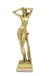 Escultura de bronze polido representando nu feminino. Não apresenta assinatura. Base de mármore branco. Med. 44 x 11 x 11 cm (medidas totais); 42 x 10 x 9 cm (escultura); 2 x 11 x 11 cm (base). Peso :4,2 kilos. Marcas do tempo. Acervo Particular Rio de Janeiro/RJ.