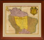 Cartografia -  "Carte de la terra firme du Peru et du Brésil  et du Pays des Amazones". Mapa do Brasil, século XVII.  Por Guillaume del lille. Vinheta no canto superior direito.  Aquarelado a mão. Med. 50 x 58 cm (MI); 68 x 76 cm (ME).  Marcas do tempo. Amarelecimento do papel e pontos de acidez. Acervo Particular Rio de Janeiro/RJ.