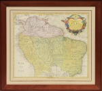 Cartografia -  "Tabula America specialis  geographic Regny, Peru , Brasilien et Terra Firme". Mapa do século XVII. Aquarelado a mão por Heminniano Heredes, com vinheta canto superior direito com as descrições.  Med. 48 x 58 cm (MI); 68 x 76 cm (ME).  Marcas do tempo. Amarelecimento do papel e pontos de acidez. Acervo Particular Rio de Janeiro/RJ.