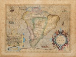 Cartografia -  "America Meridionalis - Anno 1597 ". Raríssimo Mapa do Brasil e Cusco Metrópolis Peru,  do século XVI. Aquarelado a mão. Vinhetas canto superior direito e esquerdo com as descrições.  Med. 42 x 57 cm (MI); 59 x 74 cm (ME).  Marcas do tempo. Amarelecimento do papel, pontos de acidez e manchas por umidade.  Acervo Particular Rio de Janeiro/RJ.