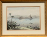 Le Capelan - Nicolelle  Jr Edward 1835, "Parte panoramic Views of Rio de Janeiro",  por Londres Baynes e Herbert 1835. Litografia aquarelada à mão, de parte da Panoramic Views of Rio de Janeiro, composto por 10 partes, sendo que esta é a segunda. Obra  reprouzida na Brasiliana Itaú à páginas 198/199 a cores. Med. 25 x 36 (MI); 41x 51 cm(ME). Marcas do tempo. Amarelecimento do papel e pontos de acidez. Acervo Particular Rio de Janeiro/RJ.