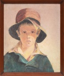 Escola Americana - "O menino de chapéu", Óleo sobre tela. Sem assinatura aparente. Escola Eua - Cerca de 1930. Med. 42 x 38 cm (MI); 50 x 42 cm (ME). Sujidade sobre a camada pictórica.Acervo Particular Rio de Janeiro/RJ.