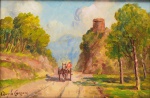 Angelo Cannone (Abruzzo, Itália 1899 - Rio de Janeiro RJ 1992) , "La rocca de Alvito". Óleo sobre Eucatex. Assinado. Localizado em etiqueta no verso, Itália. Med. 20 x 30 cm(MI); 40  x 50  cm (ME). Sujidade  sobre a camada pictórica. Acervo Particular Rio de Janeiro/RJ. Nota Biográfica: Sua pintura vem de uma escola antiga, de uma raça de artistas. Sejam as preferências de outra tendência ou estilos é difícil não gostar. Suas marinhas e paisagens refletem o espírito jovem e vivido, nelas encontramos o toque magistral do mestre nas transparências. Pintor. Começou a pintar aos oito anos de idade e se formou, ainda muito jovem, pelo Instituto de Belas Artes de Nápoles. Estudou com Paolo Vetri e, preparando as tintas e aprendendo técnica, auxiliou seu mestre na execução da pintura no teto do Salão Mor da Universidade de Nápoles, posteriormente destruída pelos americanos na II Guerra Mundial. Cannone sempre viveu da pintura.Formado, obteve o título de Professor de Desenho e passou a dar aulas no Instituto Técnico: só deixou esta atividade quando a pintura começou a lhe absorver o tempo.Ao vencer um concurso em Nápoles, obteve uma pensão para viver em Roma durante quatro anos, e que cobria todas as despesas de viagem, estada e incluía um atelier. Durante o fascismo, segundo o próprio pintor, os artistas receberam um grande apoio para desenvolver seu trabalho, ao ser criado o Sindicato dos Profissionais Liberais e Artistas em 1924, e que funcionou até o fim da guerra.Continuou a pintar mesmo durante este grave conflito, a II Guerra, quando já tinha uma família de sete filhos, entre eles o pintor Carolus (Carlo Cannone). Nesse período, o mercado consumidor de arte continuava excelente, pois muitos capitalistas, com medo da desvalorização do capital, procuravam apoiá-lo na compra de vários bens, inclusive quadros. Cannone chegou ao Brasil com a família em fins de 1947.Residiu em São Paulo, transferiu-se para o Rio de Janeiro, onde permaneceu até 1992. Fonte : https://www.catalogodasartes.com.br/artista/Angelo%20Canonne%20-%20Angelo%20Canone%20-%20%C2ngelo%20Cannone%20%281899-1992%29/