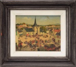 Paul Lemasson (França,1897 - 1971), " La Ville et Iglese". Óleo sobre Eucatex. Assinado. Med. 22 x 27 cm(MI); 37,5 x 42,5 cm (ME). Acervo Particular Rio de Janeiro/RJ. Nota Biográfica: Paul Lemasson destacou-se na pintura de cenas de aldeia e de vida quotidiana, com personagens vivas, como os antigos mestres flamengos.Paul Lemasson é também particularmente bom a pintar a paz e a tranquilidade da sua terra natal, a região de Nantes, a mostrar as suas paisagens, as margens do Loire e do Erdre, as suas praias, a descrever a vida quotidiana das suas gentes e a pintar naturezas mortas.Com uma força notável, descreve o porto de Nantes nos anos 50 com o seu estaleiro e a sua ponte transportadoraPaul Lemasson foi educado na Escola de Arte de Nantes e depois na Escola de Arte de Paris por Fernand Cormon, aluno de Maurice Denis. Ao mesmo tempo, Paul Lemasson especializou-se na arte do fresco na sala de trabalho de Paul Baudoin, ele próprio aluno de Puvis de Chavannes.Paul Lemasson assinava os seus quadros Paul Lemasson J. ou Paul Lemasson Jeune (J. ou Jeune para Jovem) para se diferenciar do seu irmão mais velho Albert Lemasson que também era pintor.De 1927 a 1946, Paul Lemasson realizou pinturas murais em numerosas igrejas, como a da sua aldeia natal, Saint Mars du Désert, muitas vezes em associação com o seu irmão mais velho Albert. Cada irmão partilhava uma parte da igreja e cada um segundo o seu próprio estilo. Algumas das pinturas de Paul Lemasson, aliás, têm um tema religioso ou bíblico.A primeira exposição privada teve lugar em 1935. Muitas outras se seguirão, no Brasil, nos Estados Unidos, em ParisDepois de 1946, Paul Lemasson vai forçar o seu estilo em pequenas pinturas mostrando cenas de aldeias e vai encontrar um agente nos Estados Unidos, onde muitas das suas obras estão atualmente. O seu talento será popularizado nos anos 1950 - 1960 através de reproduções e impressões e até puzzles dos seus quadros.Assim, a tipografia Catalda Fine Art de Nova Iorque completou em 1952 a impressão de alguns dos seus quadros tão caraterísticos.Assim, a coleção privada criada pelo Dr. Aubrey e pela Sra. Phoebe Copelan em Berverly Hills e Palm SpringsO artista era alguém discreto, com um sentido de felicidade modesto e tranquilo, que se limitava a pintar na sua região de Nantes e longe de todas as modas artísticas e de todos os círculos.E não há dúvida de que o seu isolamento e desapego de todas as influências externas, aliados a um mestre forte, o ajudaram a desenvolver uma obra altamente pessoal, quase intemporal e surpreendentemente poética. Fonte: http://paullemasson.free.fr/index%20english.html