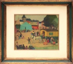 Paul Lemasson (França,1897 - 1971),  " Le cheval in ville". Óleo sobre papel. Assinado. Med. 19 x 23 cm(MI); 33 x 37 cm (ME). Acervo Particular Rio de Janeiro/RJ. Nota Biográfica: Paul Lemasson destacou-se na pintura de cenas de aldeia e de vida quotidiana, com personagens vivas, como os antigos mestres flamengos. Paul Lemasson é também particularmente bom a pintar a paz e a tranquilidade da sua terra natal, a região de Nantes, a mostrar as suas paisagens, as margens do Loire e do Erdre, as suas praias, a descrever a vida quotidiana das suas gentes e a pintar naturezas mortas. Com uma força notável, descreve o porto de Nantes nos anos 50 com o seu estaleiro e a sua ponte transportadora Paul Lemasson foi  educado na Escola de Arte de Nantes e depois na Escola de Arte de Paris por Fernand Cormon, aluno de Maurice Denis. Ao mesmo tempo, Paul Lemasson especializou-se na arte do fresco na sala de trabalho de Paul Baudoin, ele próprio aluno de Puvis de Chavannes. Paul Lemasson assinava os seus quadros Paul Lemasson  J. ou Paul Lemasson Jeune (J. ou Jeune para Jovem) para se diferenciar do seu irmão mais velho Albert Lemasson que também era pintor.De 1927 a 1946, Paul Lemasson realizou pinturas murais em numerosas igrejas, como a da sua aldeia natal, Saint Mars du Désert, muitas vezes em associação com o seu irmão mais velho Albert. Cada irmão partilhava uma parte da igreja e cada um segundo o seu próprio estilo. Algumas das pinturas de Paul Lemasson, aliás, têm um tema religioso ou bíblico.A primeira exposição privada teve lugar em 1935. Muitas outras se seguirão, no Brasil, nos Estados Unidos, em ParisDepois de 1946, Paul Lemasson vai forçar o seu estilo em pequenas pinturas mostrando cenas de aldeias e vai encontrar um agente nos Estados Unidos, onde muitas das suas obras estão atualmente. O seu talento será popularizado nos anos 1950 - 1960 através de reproduções e impressões e até puzzles dos seus quadros.Assim, a tipografia Catalda Fine Art de Nova Iorque completou em 1952 a impressão de alguns dos seus quadros tão caraterísticos.Assim, a coleção privada criada pelo Dr. Aubrey e pela Sra. Phoebe Copelan em Berverly Hills e Palm SpringsO artista era alguém discreto, com um sentido de felicidade modesto e tranquilo, que se limitava a pintar na sua região de Nantes e longe de todas as modas artísticas e de todos os círculos. E não há dúvida de que o seu isolamento e desapego de todas as influências externas, aliados a um mestre forte, o ajudaram a desenvolver uma obra altamente pessoal, quase intemporal e surpreendentemente poética. Fonte: http://paullemasson.free.fr/index%20english.html