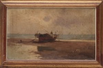 Assinatura não identificada, "Marinha Com Barco Na Praia", Antigo óleo sobre ela. Assinado. Med. 28 x 46 cm (MI); 36 x 56 cm(ME). Sujidade sobre a camada pictórica. Pequenos orifícios/ curativos no verso da tela.  Acervo Particular Rio de Janeiro/RJ.