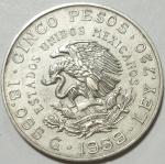 México - Moeda de 5 Pesos ano 1959 - Prata 720 com 18 gramas.